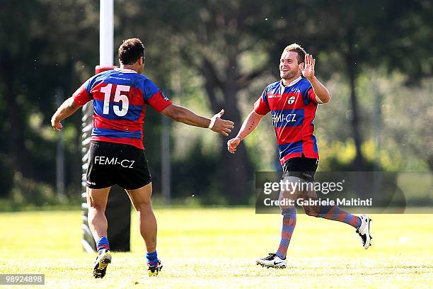 Pablo Calanchini celebrates his teammate Stefan Basson during the Campionato Eccellenza Super 10 match between I Cavalieri Prato and Fermi-CZ Rovigo...