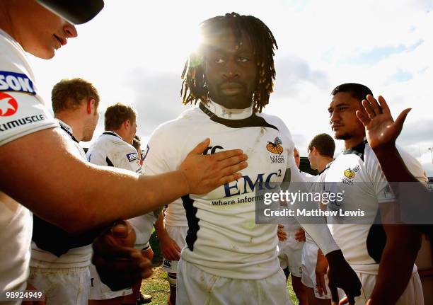 Paul Sackey of Wasps is surrounded by his team, after his last game for London Wasps after the Guinness Premiership match between Newcastle Falcons...