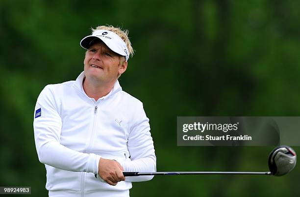 Soren Kjeldsen of Denmark plays his tee shot on the 11th hole during the third round of the BMW Italian Open at Royal Park I Roveri on May 8, 2010 in...