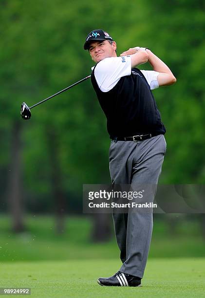 Paul Lawrie of Scotland plays his approach shot on the eighth hole during the third round of the BMW Italian Open at Royal Park I Roveri on May 8,...
