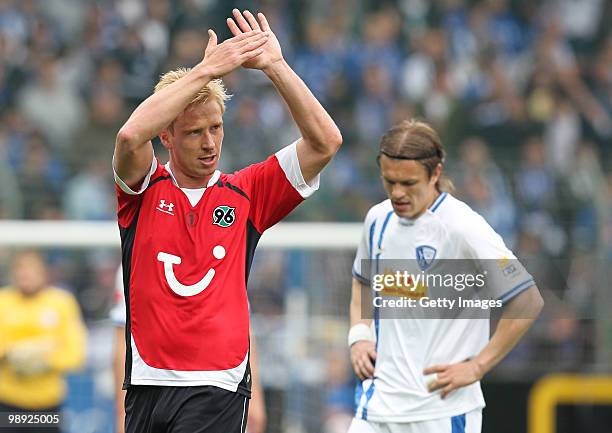 Mike Hanke of Hannover celebrates after the Bundesliga match between VfL Bochum and Hannover 96 at Rewirpower Stadium on May 8, 2010 in Bochum,...