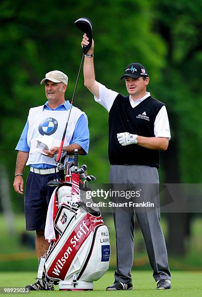 Paul Lawrie of Scotland and caddie Andy Forsyth on the eighth hole during the third round of the BMW Italian Open at Royal Park I Roveri on May 8,...