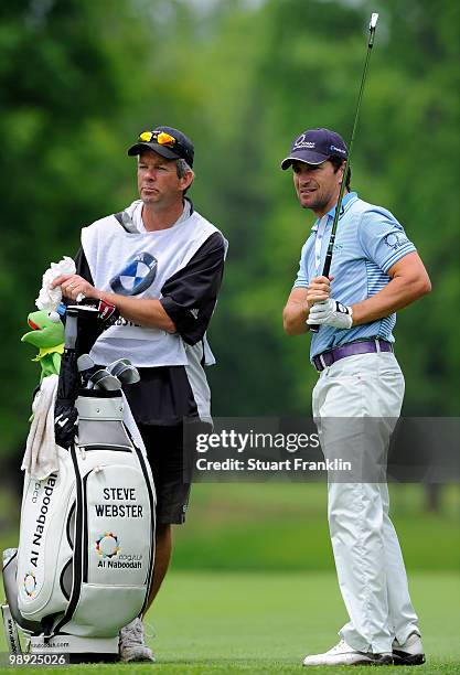 Steve Webster of England and caddie on the eighth hole during the third round of the BMW Italian Open at Royal Park I Roveri on May 8, 2010 in Turin,...