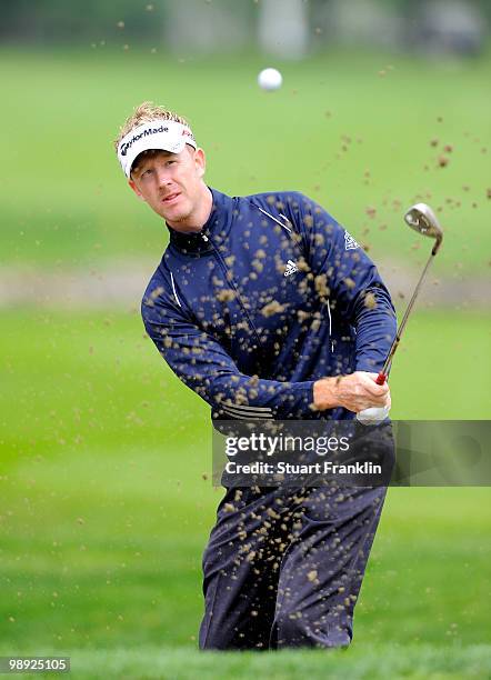 Steven O'Hara of Scotland plays his bunker shot on the 17th hole during the third round of the BMW Italian Open at Royal Park I Roveri on May 8, 2010...
