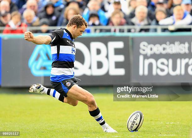 Olly Barkley of Bath converts a kick at goal during the Guinness Premiership match between Bath and Leeds Carnegie on May 8, 2010 in Bath, England.