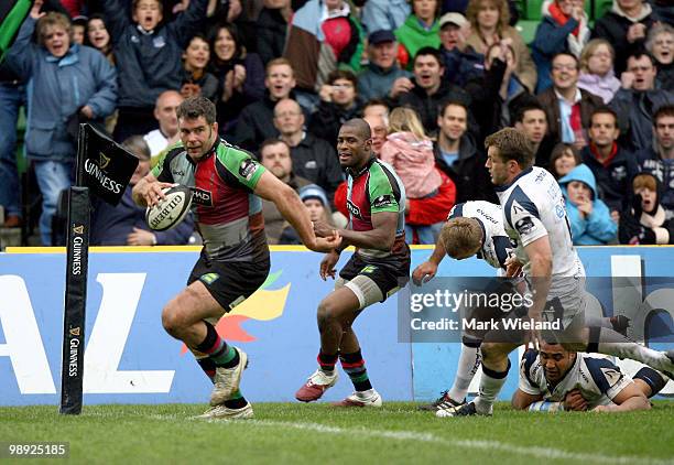 Nick Easter of Harlequins crosses the line for a try during the Guinness premiership game between Harlequins and Sale Sharks at The Stoop on May 8,...