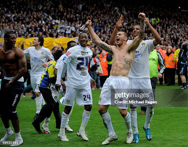 Sanchez Watt, Bradley Johnson and Jermaine Beckford of Leeds celebrate after the Coca Cola League One match between Leeds United and Bristol Rovers...
