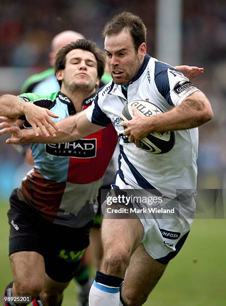 Charlie Hodgson of Sale avoids a tackle during the Guinness premiership game between Harlequins and Sale Sharks at The Stoop on May 8, 2010 in...