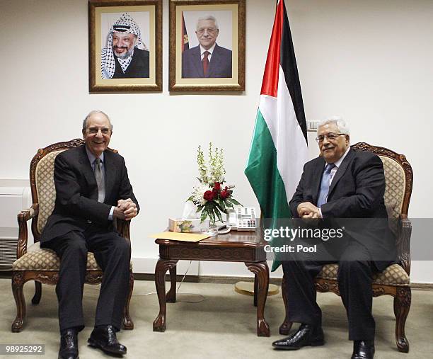 Palestinian President Mahmoud Abbas receives U.S. Mideast envoy George Mitchell during their meeting on May 8, 2010 in Ramallah, West Bank. Abbas won...