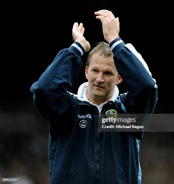 Leeds manager Simon Grayson salutes the fans after the Coca Cola League One match between Leeds United and Bristol Rovers at Elland Road on May 8,...