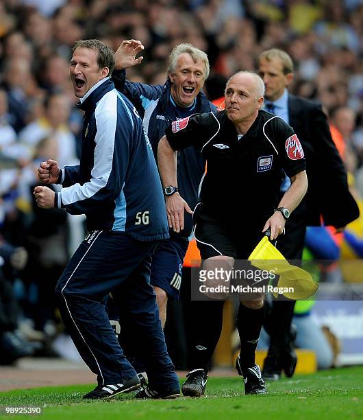 Leeds manager Simon Grayson celebrates victory and promotion on the final whistle of the Coca Cola League One match between Leeds United and Bristol...