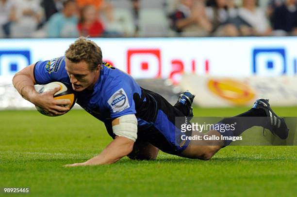 Ryan Cross goes over for his try during the Super 14 match between Vodacom Cheetahs and Western Force at Vodacom Park on May 8, 2010 in Bloemfontein,...