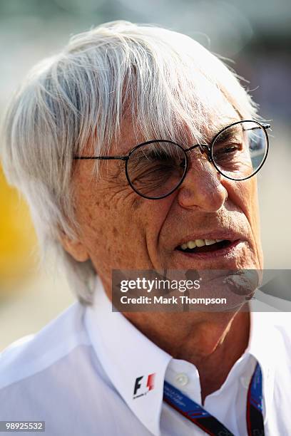 Supremo Bernie Ecclestone is seen in the paddock following qualifying for the Spanish Formula One Grand Prix at the Circuit de Catalunya on May 8,...