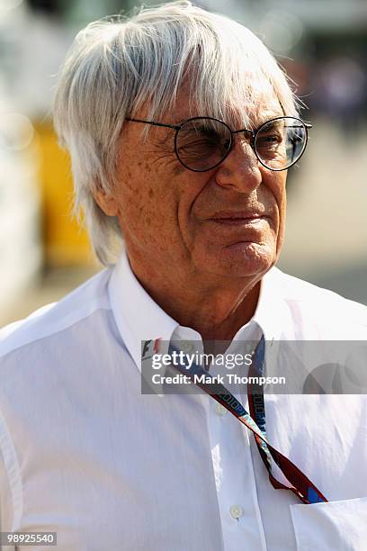 Supremo Bernie Ecclestone is seen in the paddock following qualifying for the Spanish Formula One Grand Prix at the Circuit de Catalunya on May 8,...