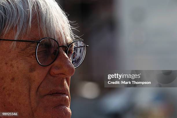 Supremo Bernie Ecclestone is seen in the paddock following qualifying for the Spanish Formula One Grand Prix at the Circuit de Catalunya on May 8,...