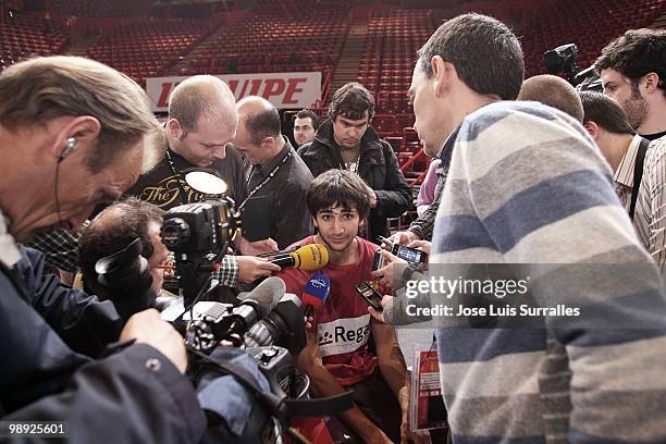 Ricky Rubio, #9 of Regal FC Barcelona is interviewed during the Olympiacos Piraeus Practice Final Four at Bercy Arena on May 8, 2010 in Paris, France.