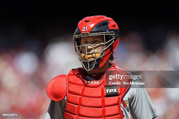 Jason LaRue of the St. Louis Cardinals looks on against the Philadelphia Phillies at Citizens Bank Park on May 6, 2010 in Philadelphia, Pennsylvania....