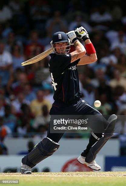 Kevin Pietersen of England hits out during the ICC World Twenty20 Super Eight match between England and South Africa at the Kensington Oval on May 8,...