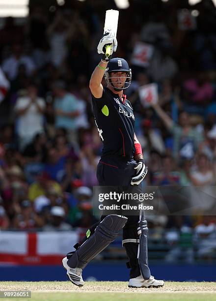 Kevin Pietersen of England celebrates his half century during the ICC World Twenty20 Super Eight match between England and South Africa at the...