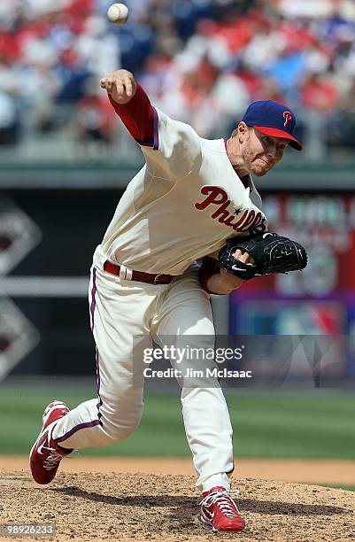 Roy Halladay of the Philadelphia Phillies delivers a pitch against the St. Louis Cardinals at Citizens Bank Park on May 6, 2010 in Philadelphia,...