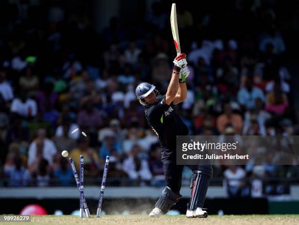 Tim Bresnan of Englan is bowled out during the ICC World Twenty20 Super Eight Match between England and South Africa played at the Kensington Oval on...