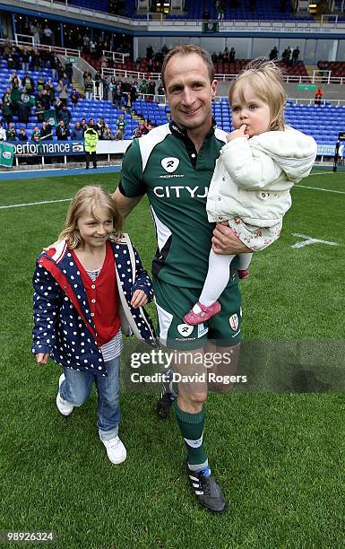 Mike Catt, of London Irish, with his two daughters Evie and Erin, after his final match after the Guinness Premiership match between London Irish and...