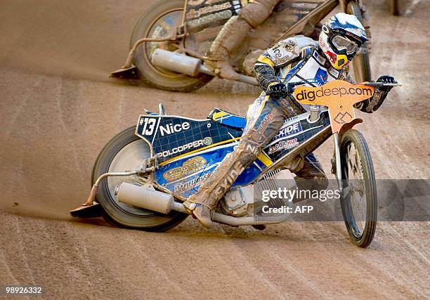 Poland's Jaroslaw Hampel competes during the Swedish Speedway Grand Prix at Ullevi Stadium in Gothenburg, on May 8, 2010. AFP PHOTO BJORN LARSSON...