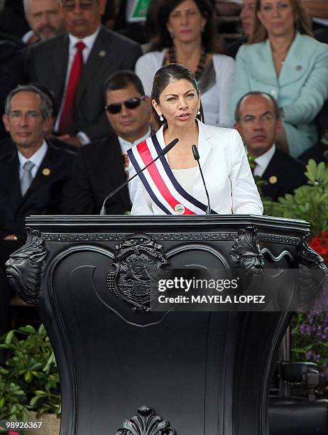 Costa Rican new President Laura Chinchilla, gives her first speech as Presidents Alvaro Colom of Guatemala, Rafael Correa of Ecuador and Felipe...