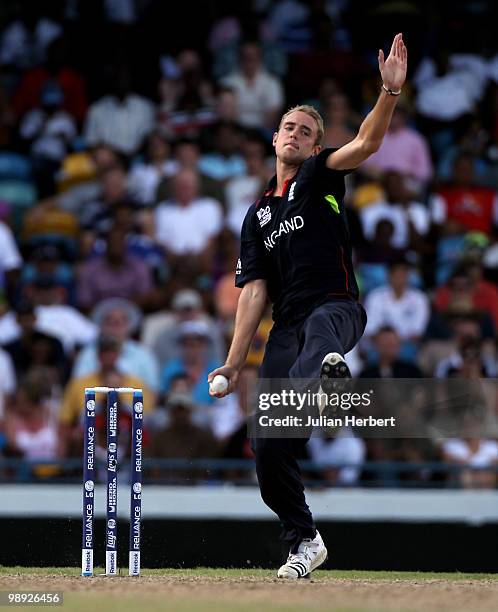 Stuart Broad of England bowls during the ICC World Twenty20 Super Eight Match between England and South Africa played at the Kensington Oval on May...