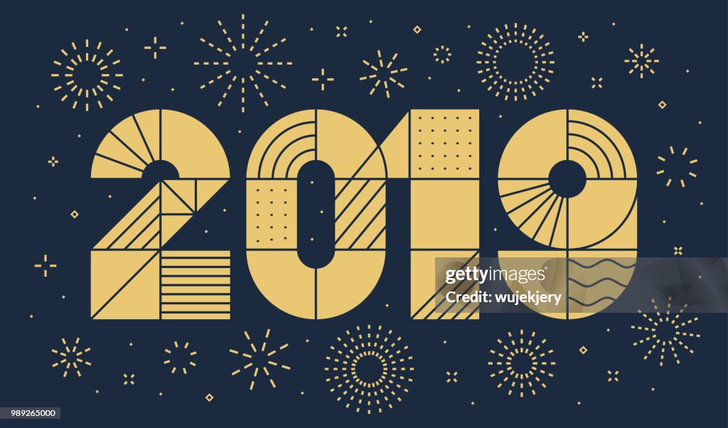 2019 New year greeting card with fireworks