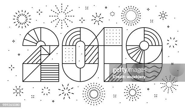 illustrations, cliparts, dessins animés et icônes de carte de voeux de nouvel an 2019 avec feux d’artifice - new year card