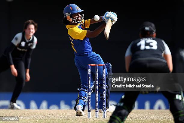 Chamari Athapaththu of Sri Lanka fails to connect with a delivery from Nicola Browne during the ICC T20 Women's World Cup Group B match between New...