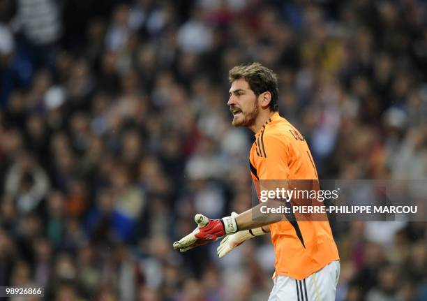 Real Madrid's goalkeeper Iker Casillas reacts during their Spanish League football match against Athletic Bilbao at Santiago Bernabeu stadium in...