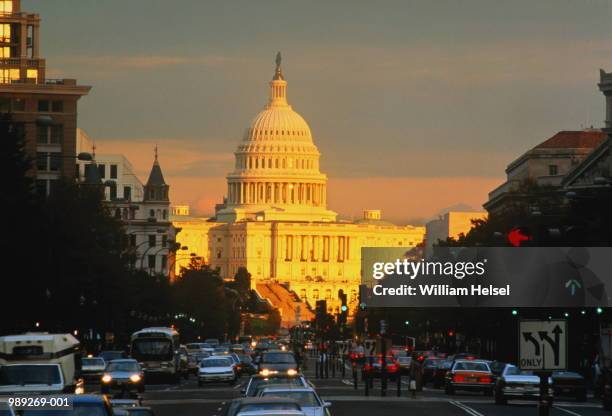 usa, washington dc, the capitol, pennsylvania avenue at sunset - pennsylvania avenue stock pictures, royalty-free photos & images