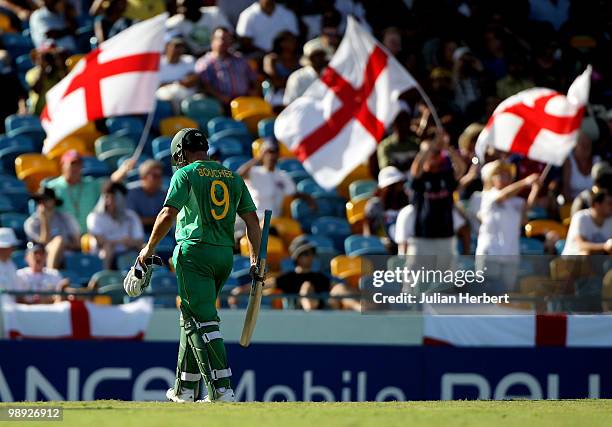 Mark Boucher of South Africa walks of after his dismissal during the ICC World Twenty20 Super Eight Match between England and South Africa played at...