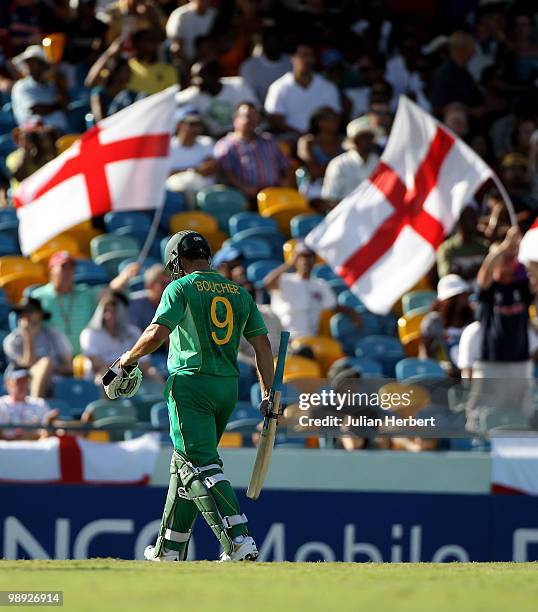 Mark Boucher of South Africa walks of after his dismissal during the ICC World Twenty20 Super Eight Match between England and South Africa played at...
