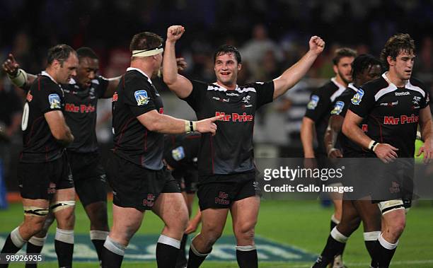 Riaan Swanepoel of Sharks celebrates with teammates during the Super 14 match between Sharks and Vodacom Stormers at Absa Stadium on May 08, 2010 in...