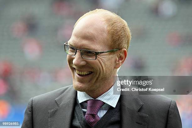 Sporting director Matthias Sammer looks on before the Bundesliga match between Hertha BSC Berlin and FC Bayern Muenchen at Olympic Stadium on May 8,...