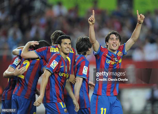 Bojan Krkic of Barcelona celebrates after scoring his team's second goal during the La Liga match between Sevilla and Barcelona at Estadio Ramon...