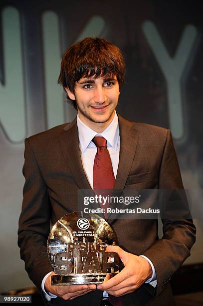 Ricky Rubio poses with his award during the Euroleague Basketball 2009-2010 Season Awards Ceremony at Hotel de Ville on May 8, 2010 in Paris, France.