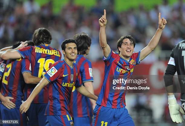 Bojan Krkic of Barcelona celebrates after scoring his team's second goal during the La Liga match between Sevilla and Barcelona at Estadio Ramon...