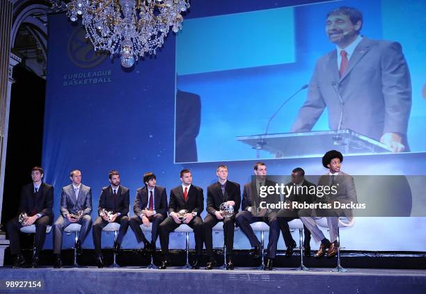 Linas Kleiza of Olympiacos, Juan Carlos Navarro of Regal FCB, Viktor Khryapa of CSKA and Aleks Maric of Partizan sit on stage during the Euroleague...