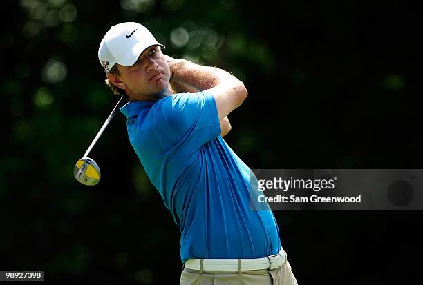 Lucas Glover plays his tee shot on the seventh hole during the third round of THE PLAYERS Championship held at THE PLAYERS Stadium course at TPC...
