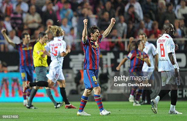Lionel Messi of Barcelona celebrates after Barcelona beat Sevilla 3-2 during the La Liga match between Sevilla and Barcelona at Estadio Ramon Sanchez...