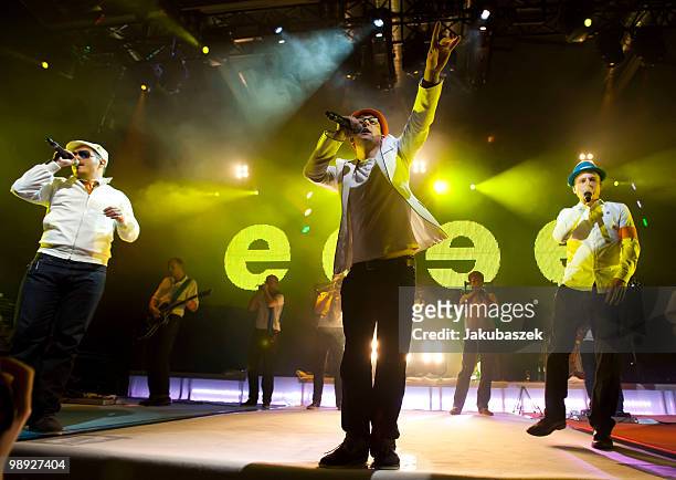 MCs Koenig Boris, Bjoern Beton and Dokter Renz of the German Hip Hop band Fettes Brot perform live during a concert at the C-Halle on May 8, 2010 in...