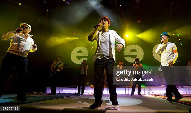 MCs Koenig Boris, Bjoern Beton and Dokter Renz of the German Hip Hop band Fettes Brot perform live during a concert at the C-Halle on May 8, 2010 in...