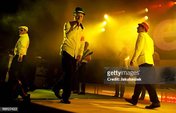 MCs Koenig Boris, Dokter Renz and Bjoern Beton of the German Hip Hop band Fettes Brot perform live during a concert at the C-Halle on May 8, 2010 in...