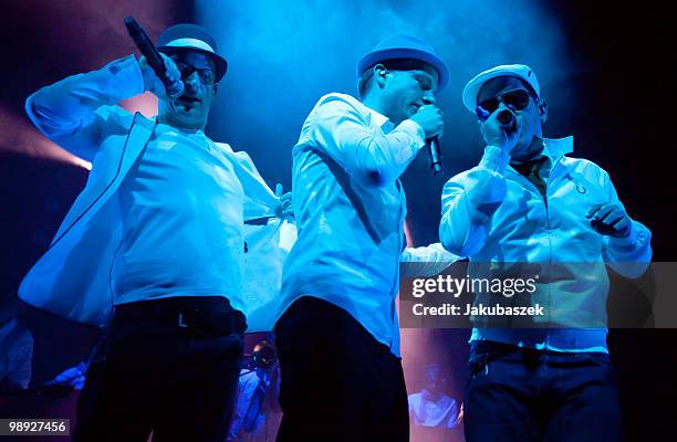 MCs Bjoern Beton, Dokter Renz and Koenig Boris of the German Hip Hop band Fettes Brot perform live during a concert at the C-Halle on May 8, 2010 in...