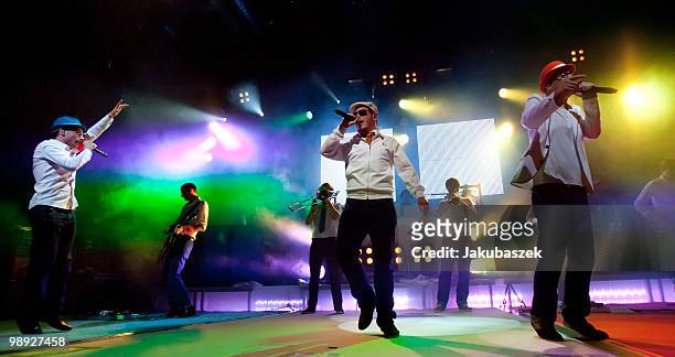 MCs Dokter Renz, Koenig Boris and Bjoern Beton Dokter Renz of the German Hip Hop band Fettes Brot perform live during a concert at the C-Halle on May...