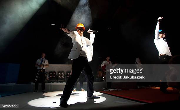 MCs Dokter Renz and Bjoern Beton of the German Hip Hop band Fettes Brot perform live during a concert at the C-Halle on May 8, 2010 in Berlin,...